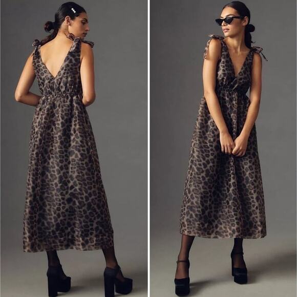 Anthro Daniel Rainn Organza Midi Dress Sleeveless V-Neck Brown Black Size Medium - Picture 16 of 16